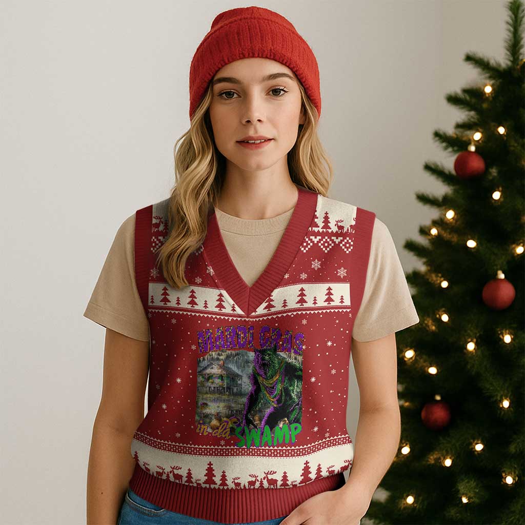 Funny Mardi Gras Rougarou V-Neck Knit Sweater Vest Mardi Gras In Da Swamp Cryptids Of Louisiana