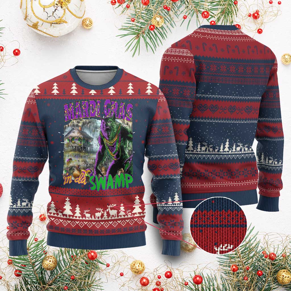 Funny Mardi Gras Rougarou Knitted Sweatshirt Mardi Gras In Da Swamp Cryptids Of Louisiana - Wonder Print Shop