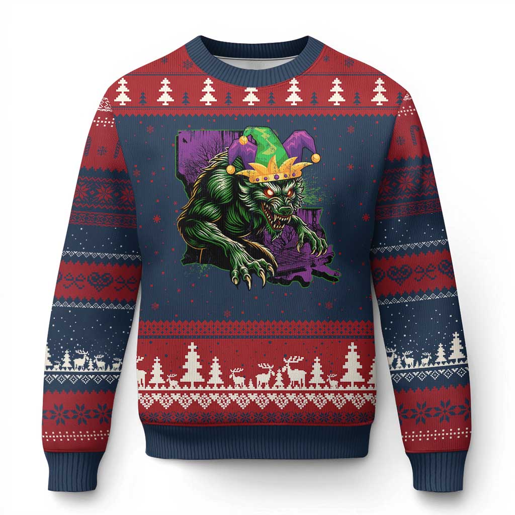 Funny Mardi Gras Rougarou Ugly Christmas Sweater Cryptids Of Louisiana Jester Hat