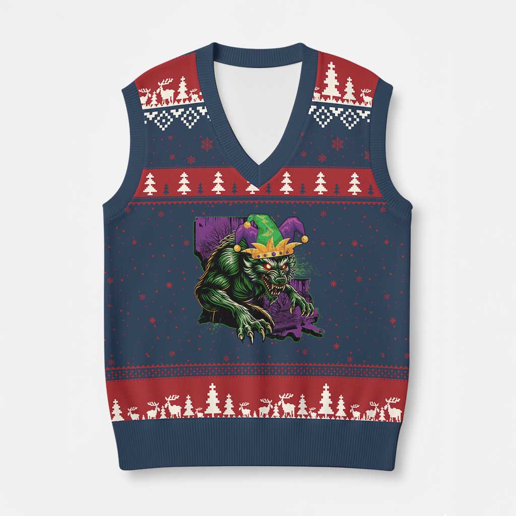 Funny Mardi Gras Rougarou V-Neck Knit Sweater Vest Cryptids Of Louisiana Jester Hat