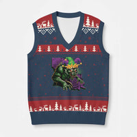 Funny Mardi Gras Rougarou V-Neck Knit Sweater Vest Cryptids Of Louisiana Jester Hat