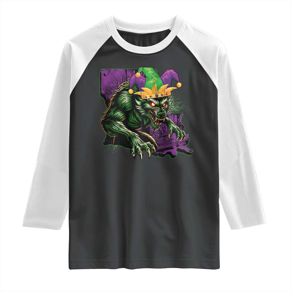 Funny Mardi Gras Rougarou Raglan Shirt Cryptids Of Louisiana Jester Hat