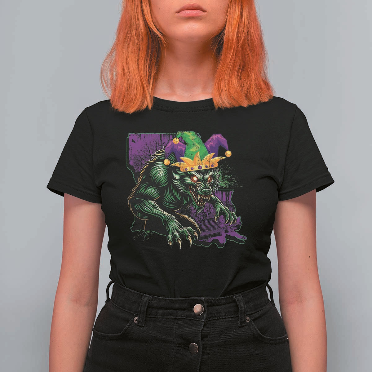 Funny Mardi Gras Rougarou T Shirt For Women Cryptids Of Louisiana Jester Hat