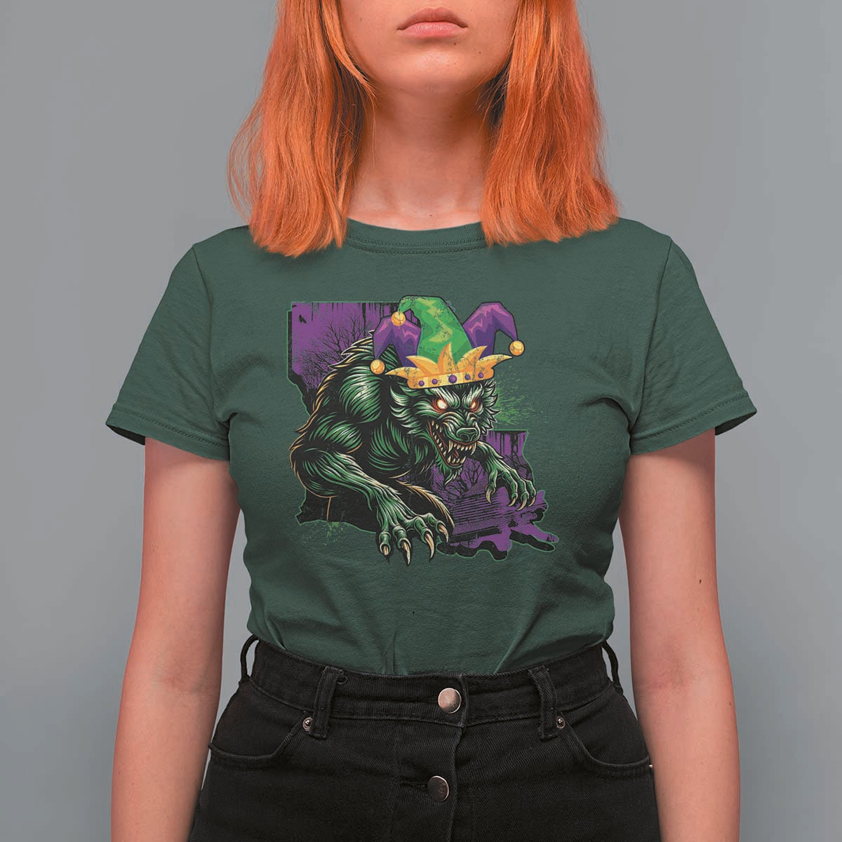 Funny Mardi Gras Rougarou T Shirt For Women Cryptids Of Louisiana Jester Hat
