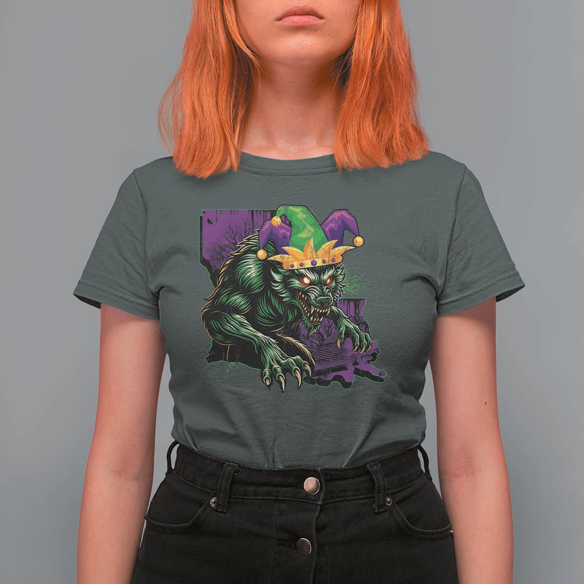 Funny Mardi Gras Rougarou T Shirt For Women Cryptids Of Louisiana Jester Hat
