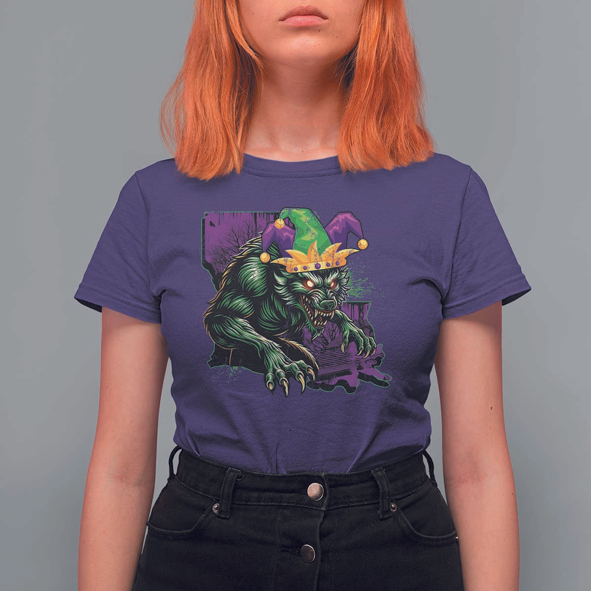 Funny Mardi Gras Rougarou T Shirt For Women Cryptids Of Louisiana Jester Hat