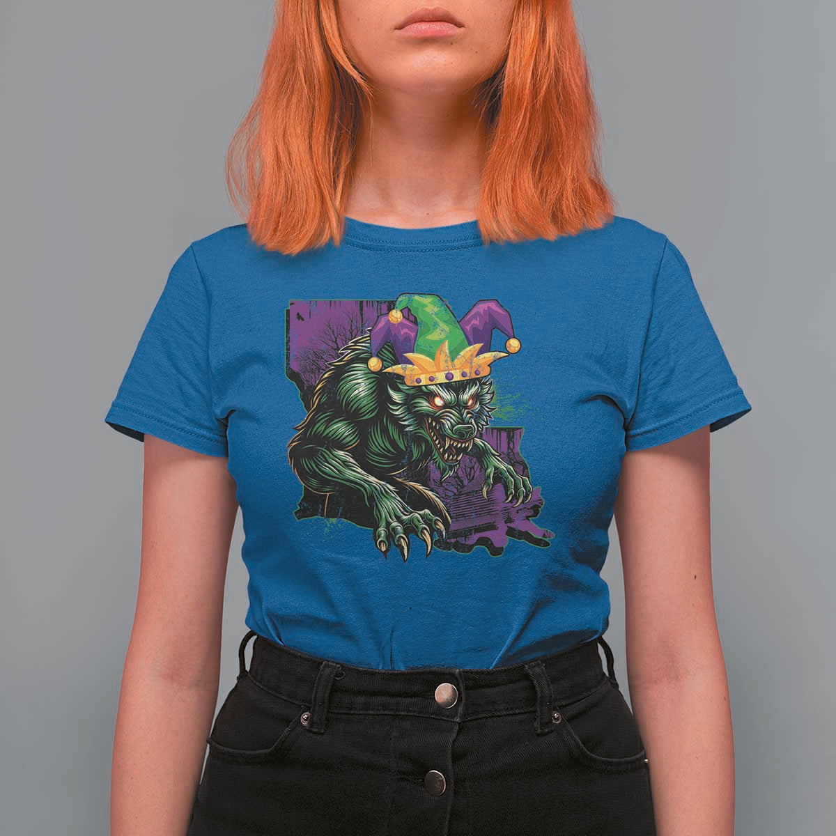 Funny Mardi Gras Rougarou T Shirt For Women Cryptids Of Louisiana Jester Hat