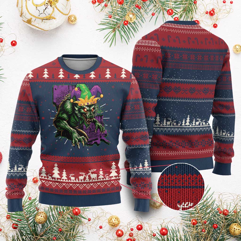 Funny Mardi Gras Rougarou Knitted Sweatshirt Cryptids Of Louisiana Jester Hat - Wonder Print Shop
