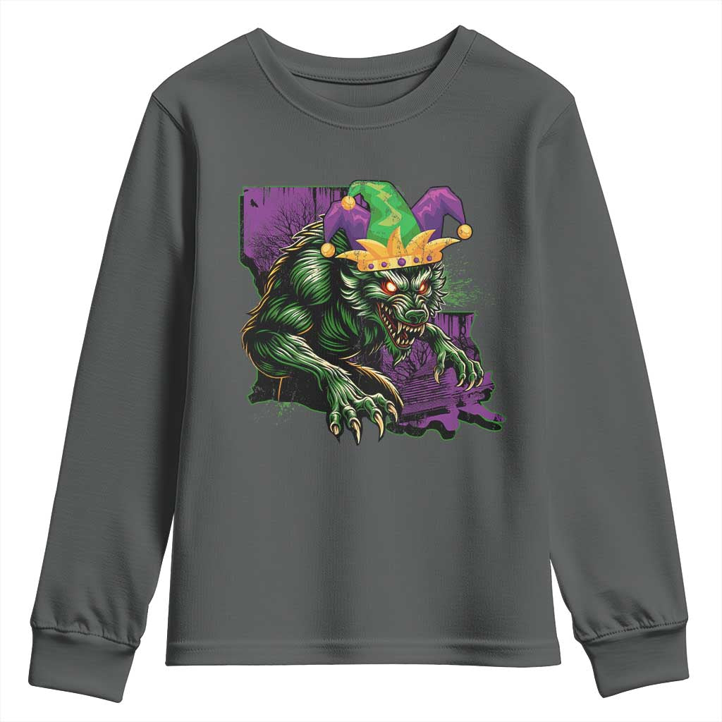 Funny Mardi Gras Rougarou Youth Sweatshirt Cryptids Of Louisiana Jester Hat