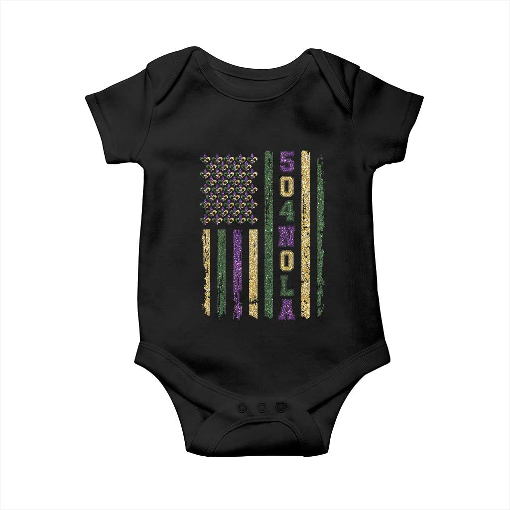 Funny Mardi Gras New Orleans Louisiana Baby Onesie 504 Nola Area Code Glitter Print American Flag