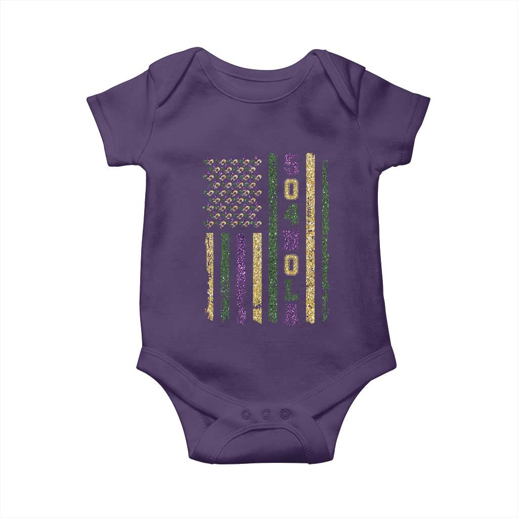 Funny Mardi Gras New Orleans Louisiana Baby Onesie 504 Nola Area Code Glitter Print American Flag