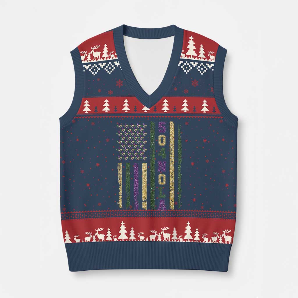 Funny Mardi Gras New Orleans Louisiana V-Neck Knit Sweater Vest 504 Nola Area Code Glitter Print American Flag