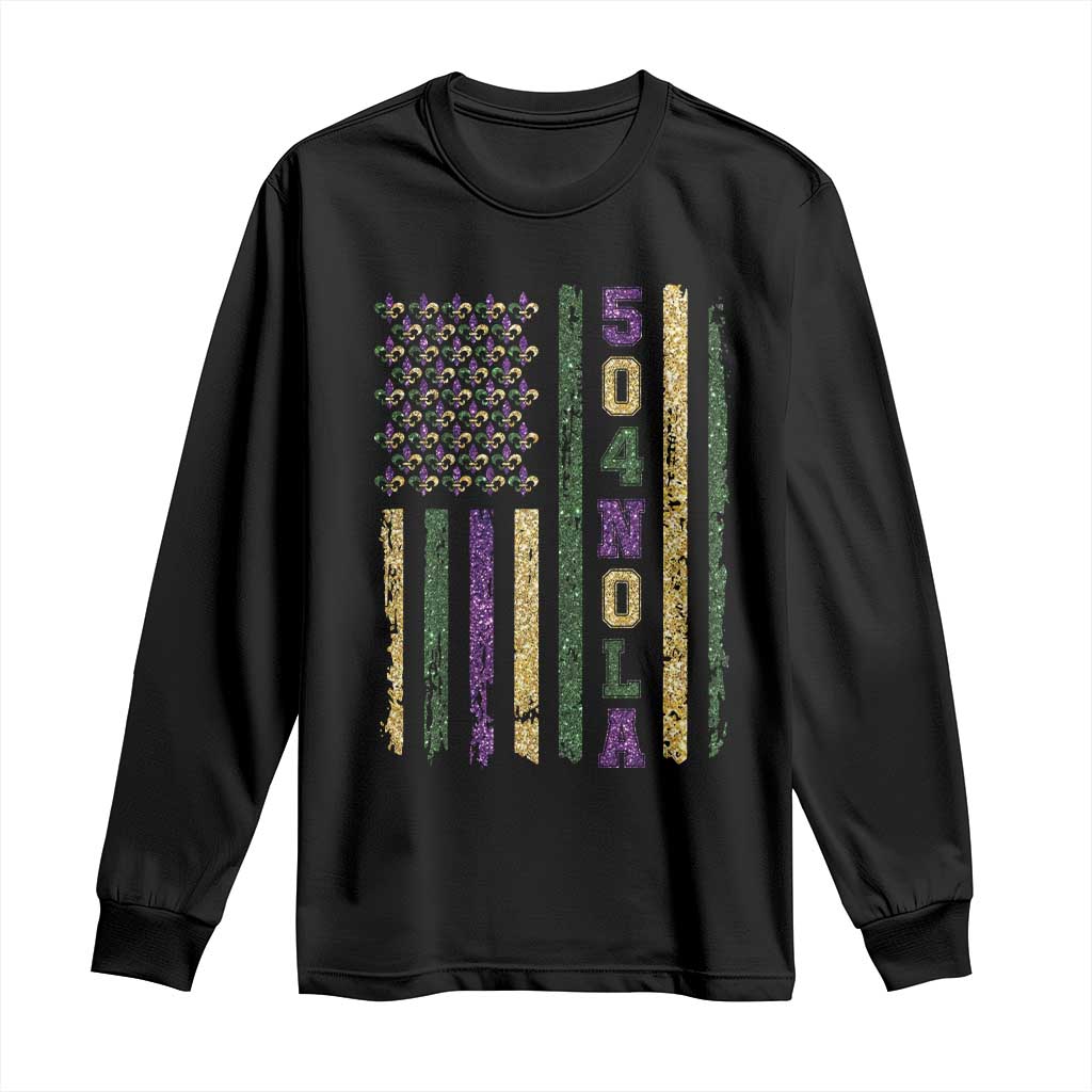 Funny Mardi Gras New Orleans Louisiana Long Sleeve Shirt 504 Nola Area Code Glitter Print American Flag