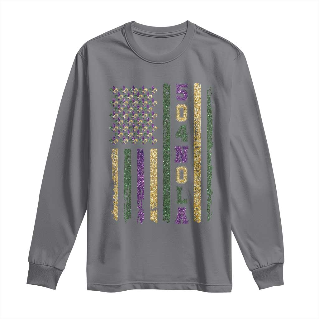 Funny Mardi Gras New Orleans Louisiana Long Sleeve Shirt 504 Nola Area Code Glitter Print American Flag