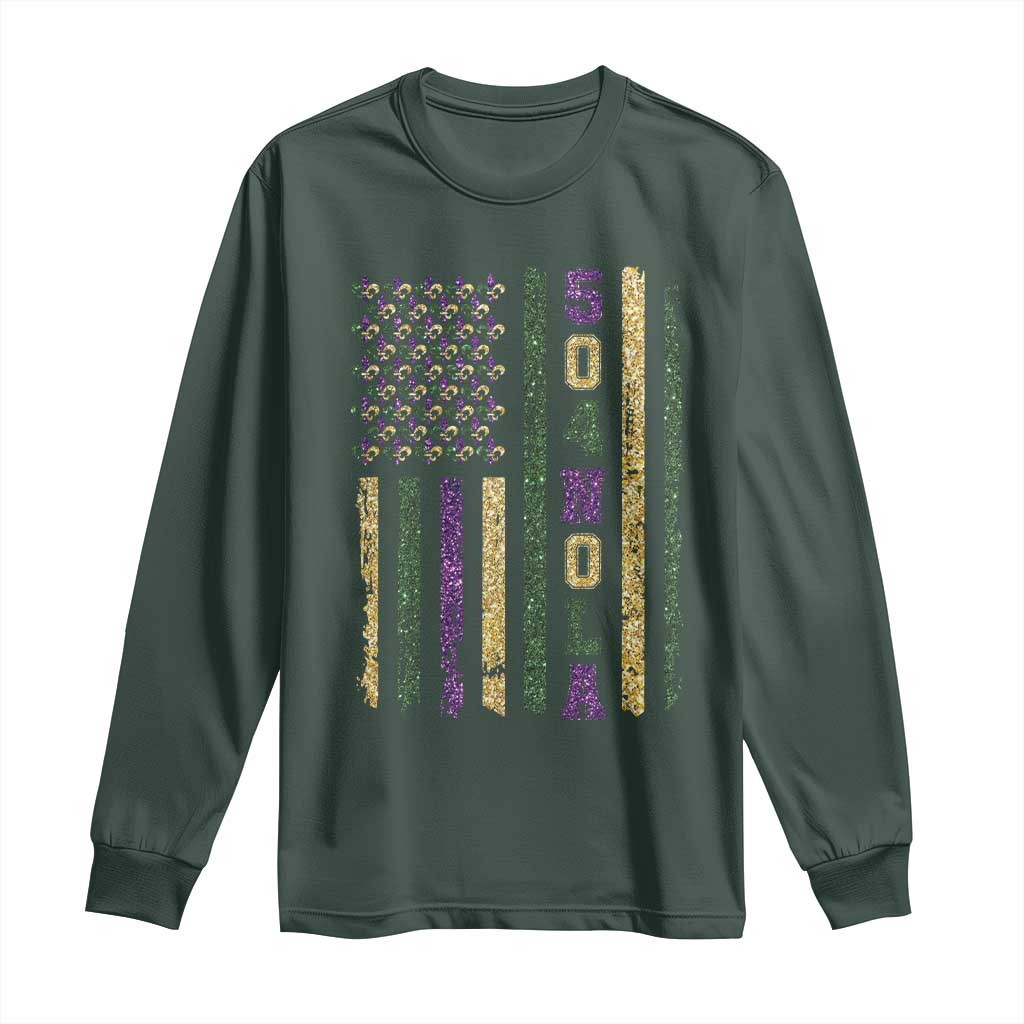 Funny Mardi Gras New Orleans Louisiana Long Sleeve Shirt 504 Nola Area Code Glitter Print American Flag