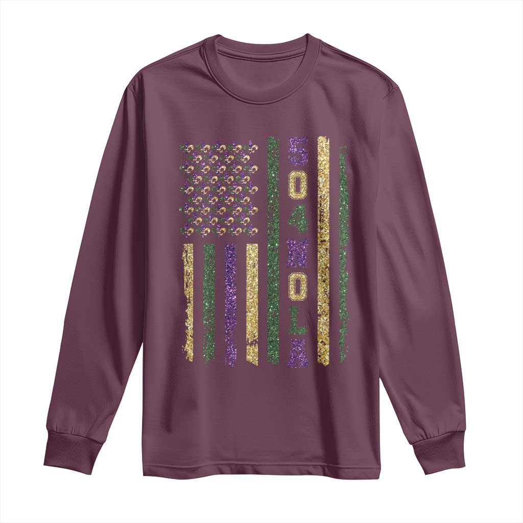 Funny Mardi Gras New Orleans Louisiana Long Sleeve Shirt 504 Nola Area Code Glitter Print American Flag
