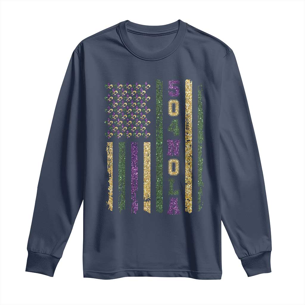 Funny Mardi Gras New Orleans Louisiana Long Sleeve Shirt 504 Nola Area Code Glitter Print American Flag