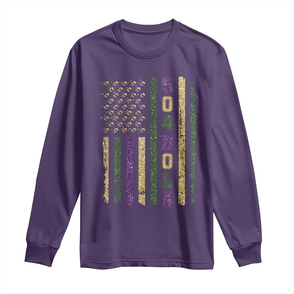 Funny Mardi Gras New Orleans Louisiana Long Sleeve Shirt 504 Nola Area Code Glitter Print American Flag