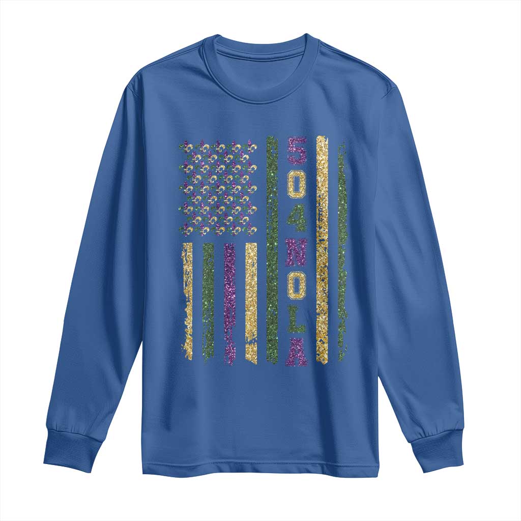Funny Mardi Gras New Orleans Louisiana Long Sleeve Shirt 504 Nola Area Code Glitter Print American Flag