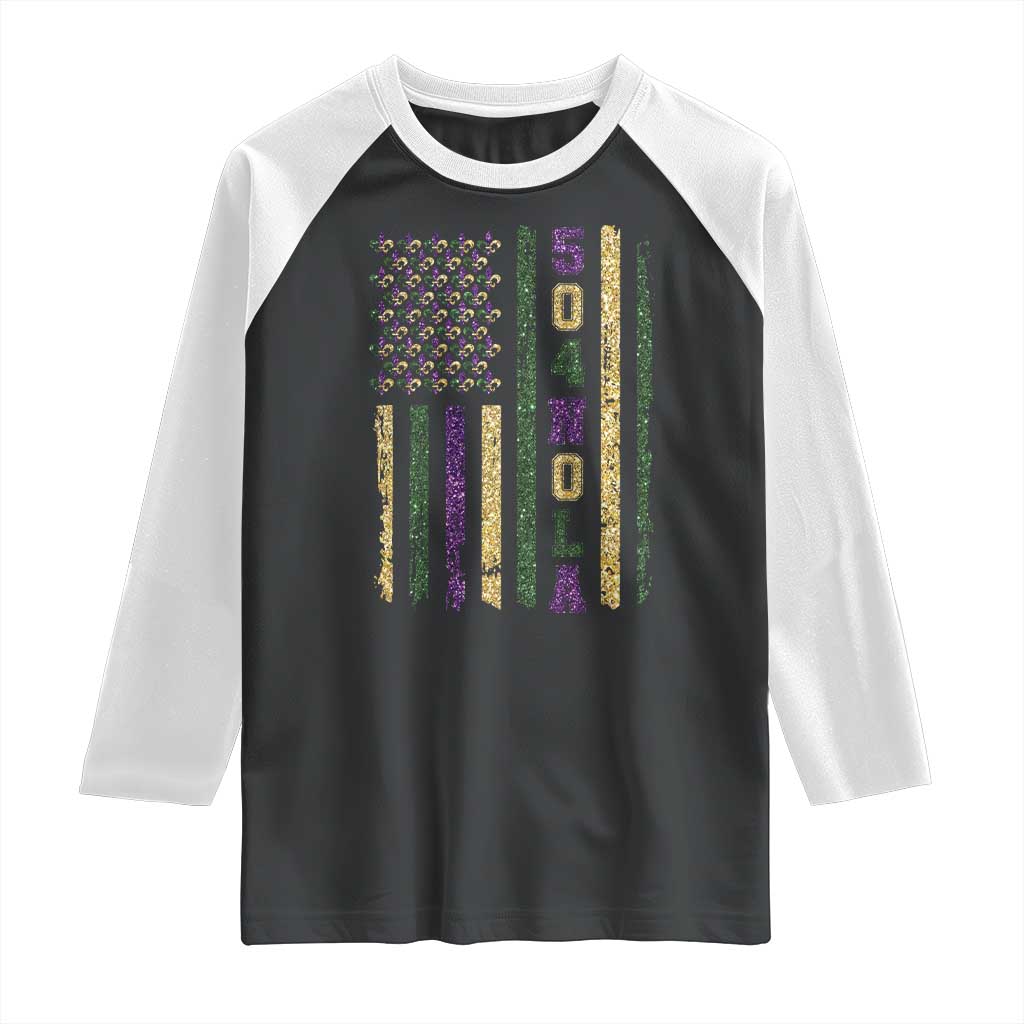 Funny Mardi Gras New Orleans Louisiana Raglan Shirt 504 Nola Area Code Glitter Print American Flag
