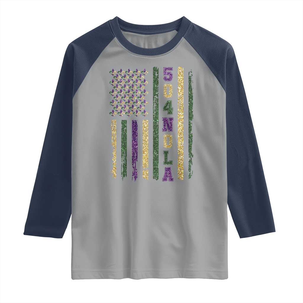 Funny Mardi Gras New Orleans Louisiana Raglan Shirt 504 Nola Area Code Glitter Print American Flag