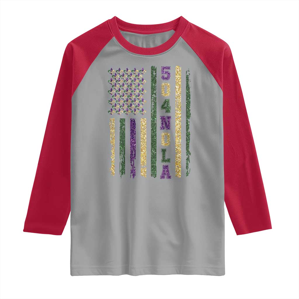 Funny Mardi Gras New Orleans Louisiana Raglan Shirt 504 Nola Area Code Glitter Print American Flag