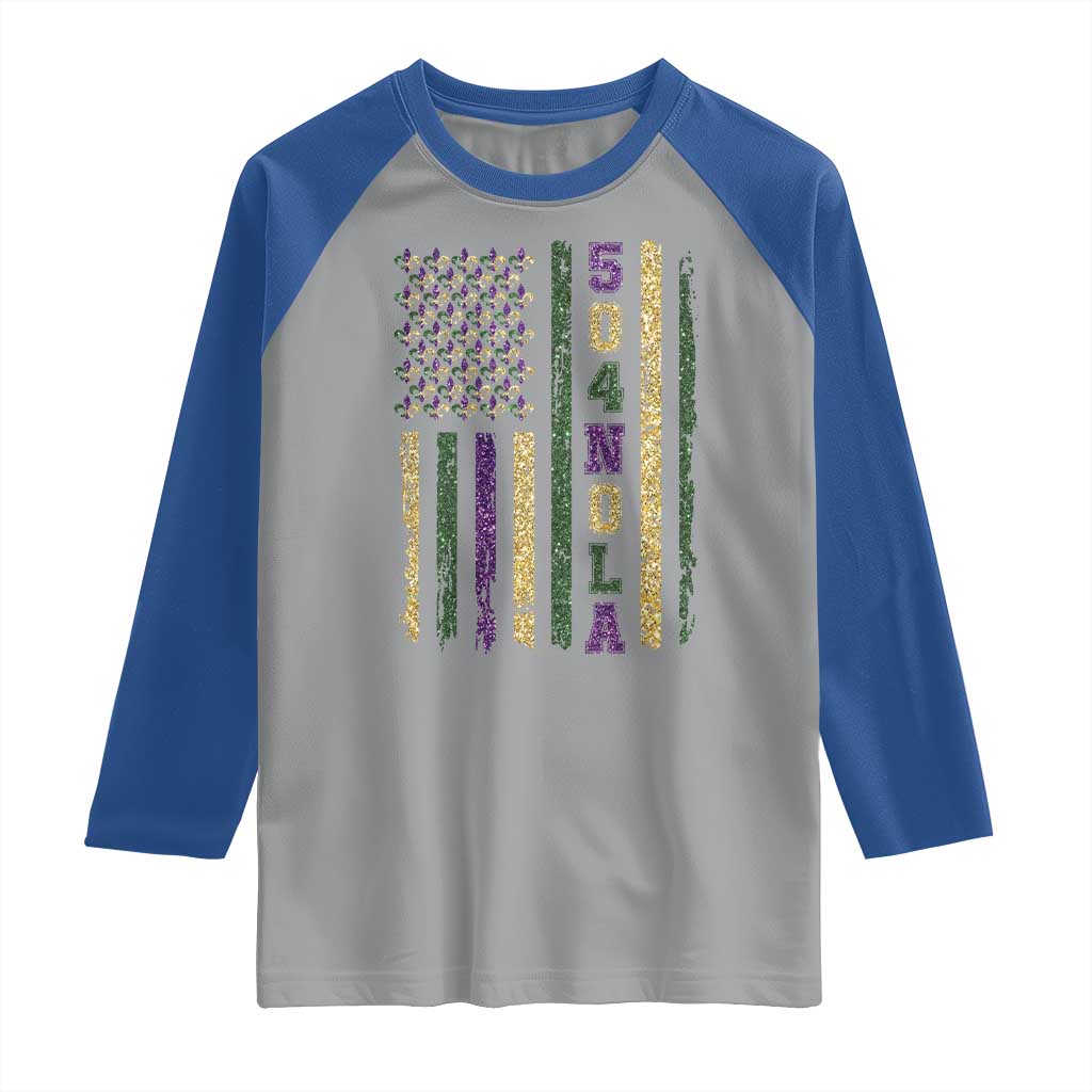 Funny Mardi Gras New Orleans Louisiana Raglan Shirt 504 Nola Area Code Glitter Print American Flag