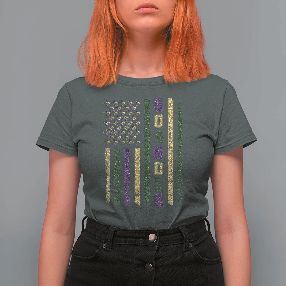 Funny Mardi Gras New Orleans Louisiana T Shirt For Women 504 Nola Area Code Glitter Print American Flag