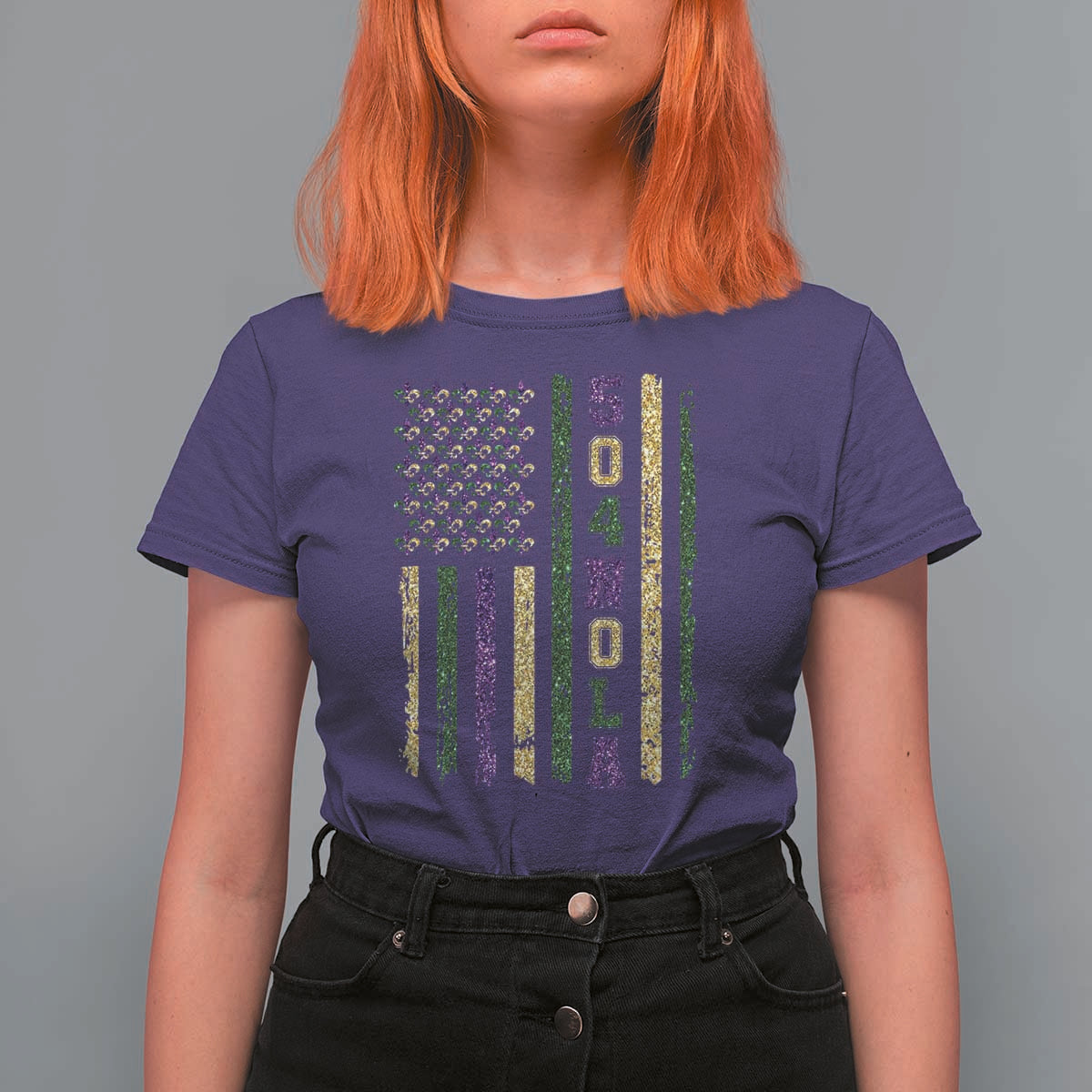 Funny Mardi Gras New Orleans Louisiana T Shirt For Women 504 Nola Area Code Glitter Print American Flag