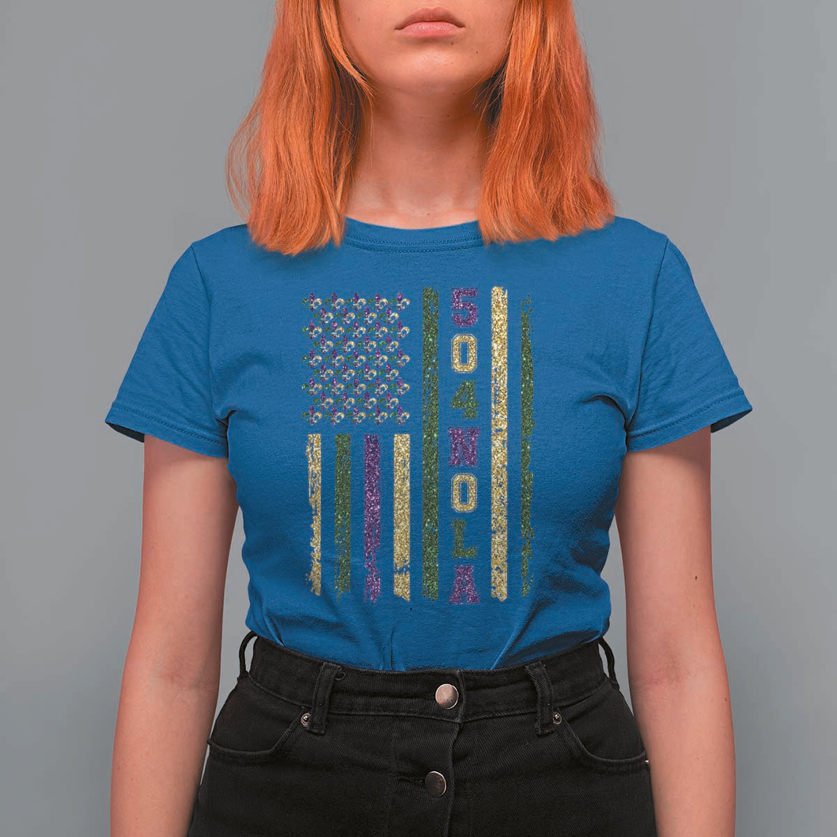 Funny Mardi Gras New Orleans Louisiana T Shirt For Women 504 Nola Area Code Glitter Print American Flag