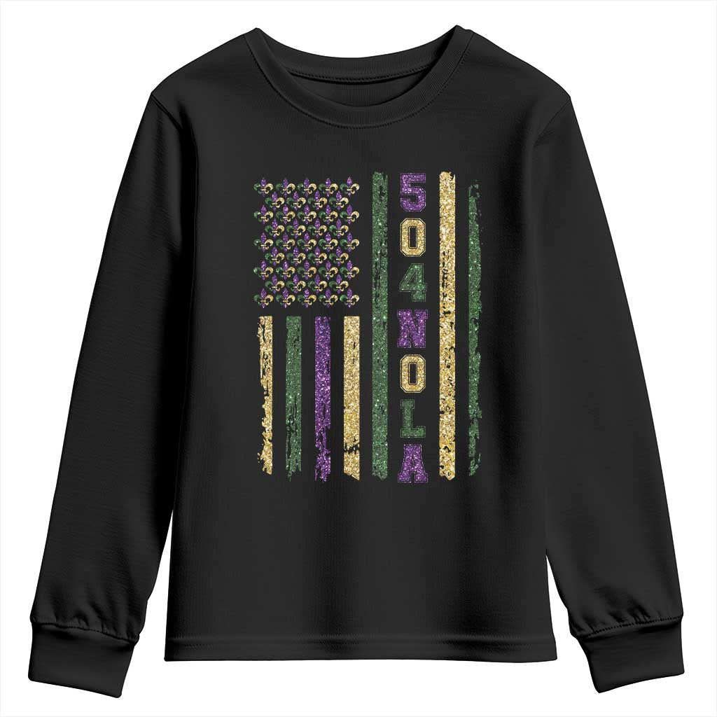 Funny Mardi Gras New Orleans Louisiana Youth Sweatshirt 504 Nola Area Code Glitter Print American Flag