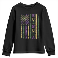 Funny Mardi Gras New Orleans Louisiana Youth Sweatshirt 504 Nola Area Code Glitter Print American Flag
