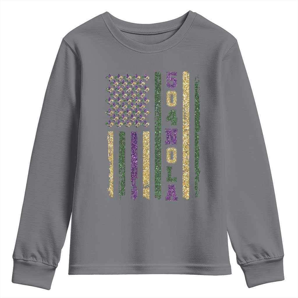 Funny Mardi Gras New Orleans Louisiana Youth Sweatshirt 504 Nola Area Code Glitter Print American Flag