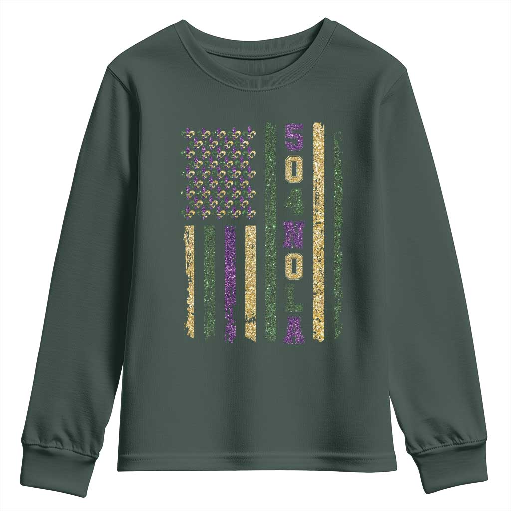 Funny Mardi Gras New Orleans Louisiana Youth Sweatshirt 504 Nola Area Code Glitter Print American Flag