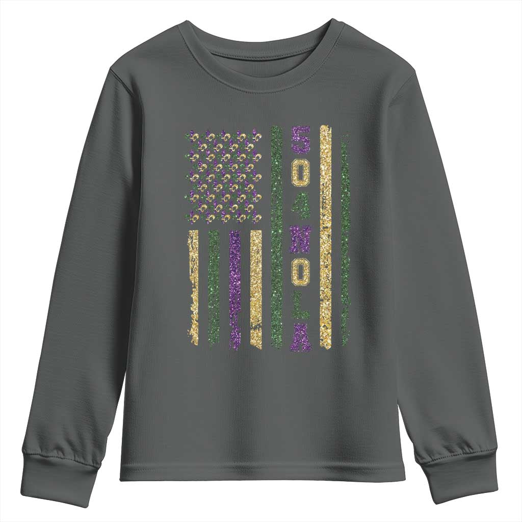 Funny Mardi Gras New Orleans Louisiana Youth Sweatshirt 504 Nola Area Code Glitter Print American Flag