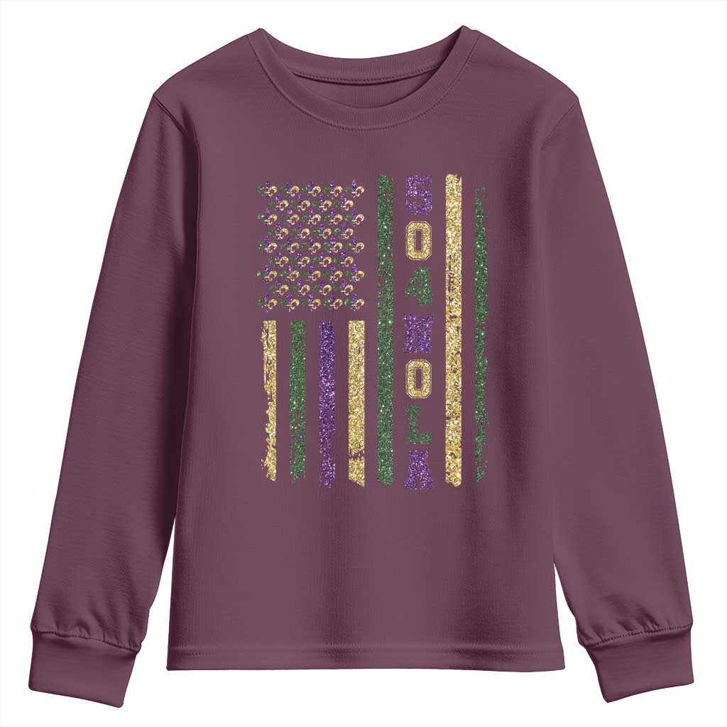 Funny Mardi Gras New Orleans Louisiana Youth Sweatshirt 504 Nola Area Code Glitter Print American Flag