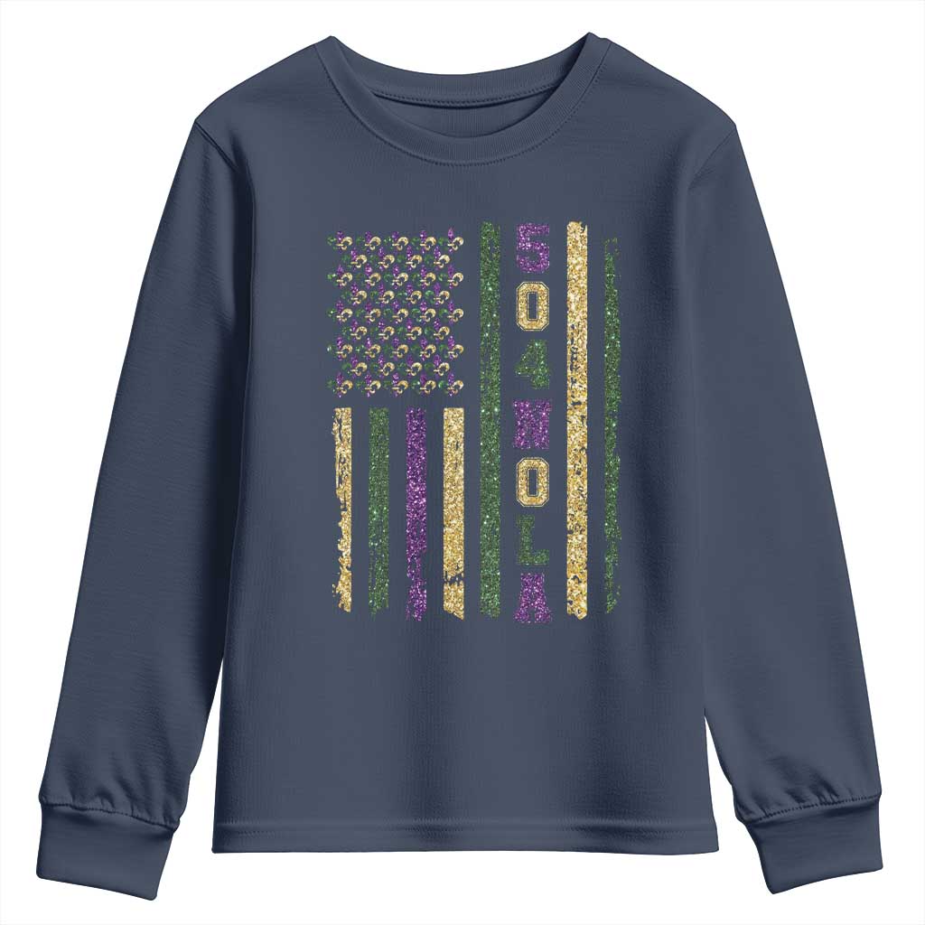 Funny Mardi Gras New Orleans Louisiana Youth Sweatshirt 504 Nola Area Code Glitter Print American Flag