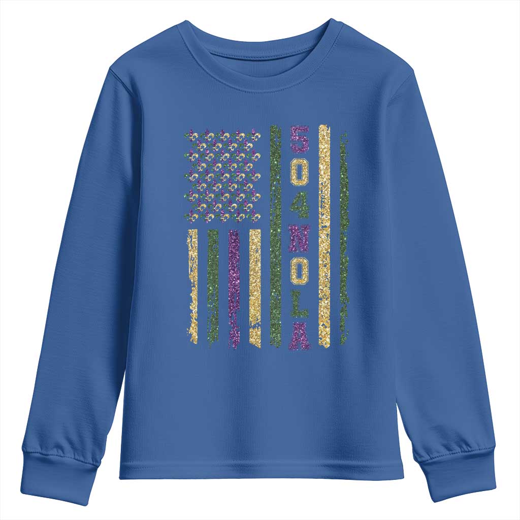 Funny Mardi Gras New Orleans Louisiana Youth Sweatshirt 504 Nola Area Code Glitter Print American Flag
