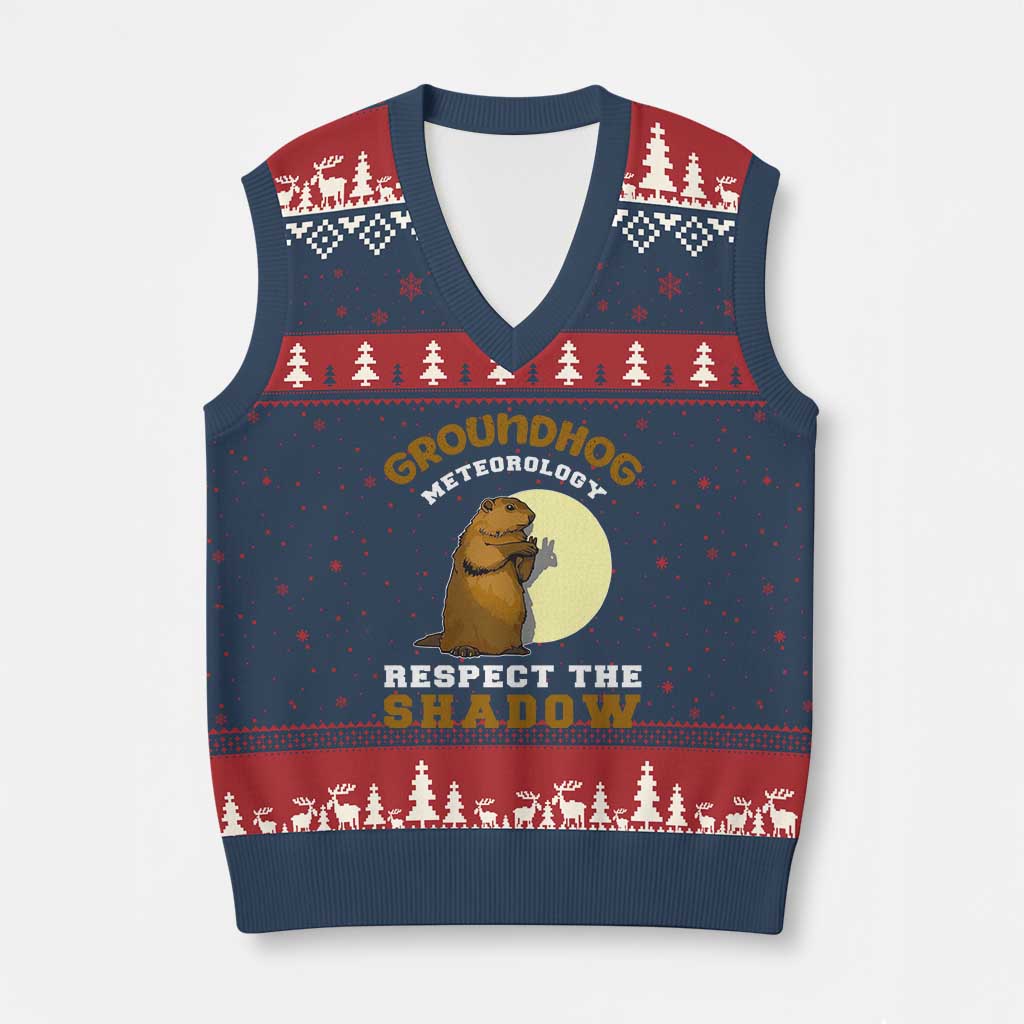 Funny Groundhog Day V-Neck Knit Sweater Vest Groundhog Meteorology Respect The Shadow - Wonder Print Shop