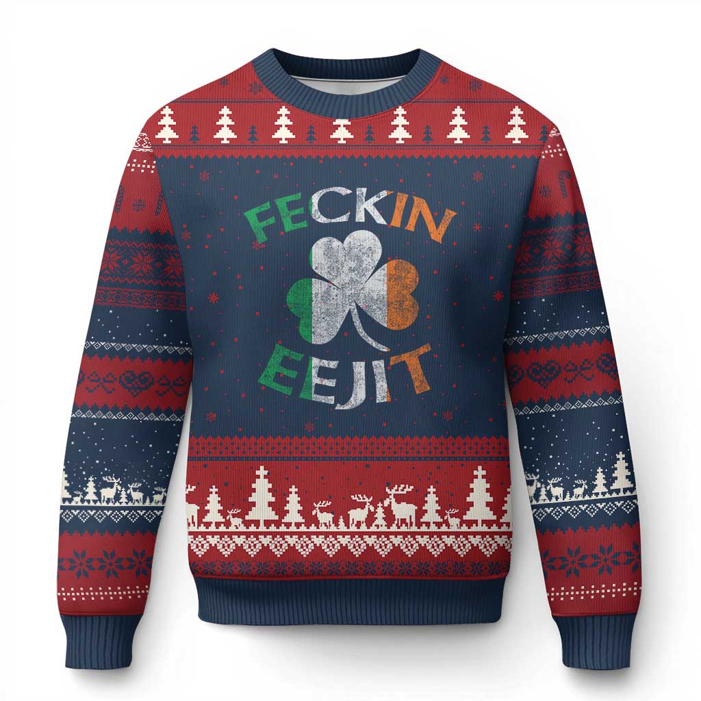Funny Feckin Eejit Ugly Christmas Sweater Ireland Irish Slang Shamrock St Patrick's Day - Wonder Print Shop