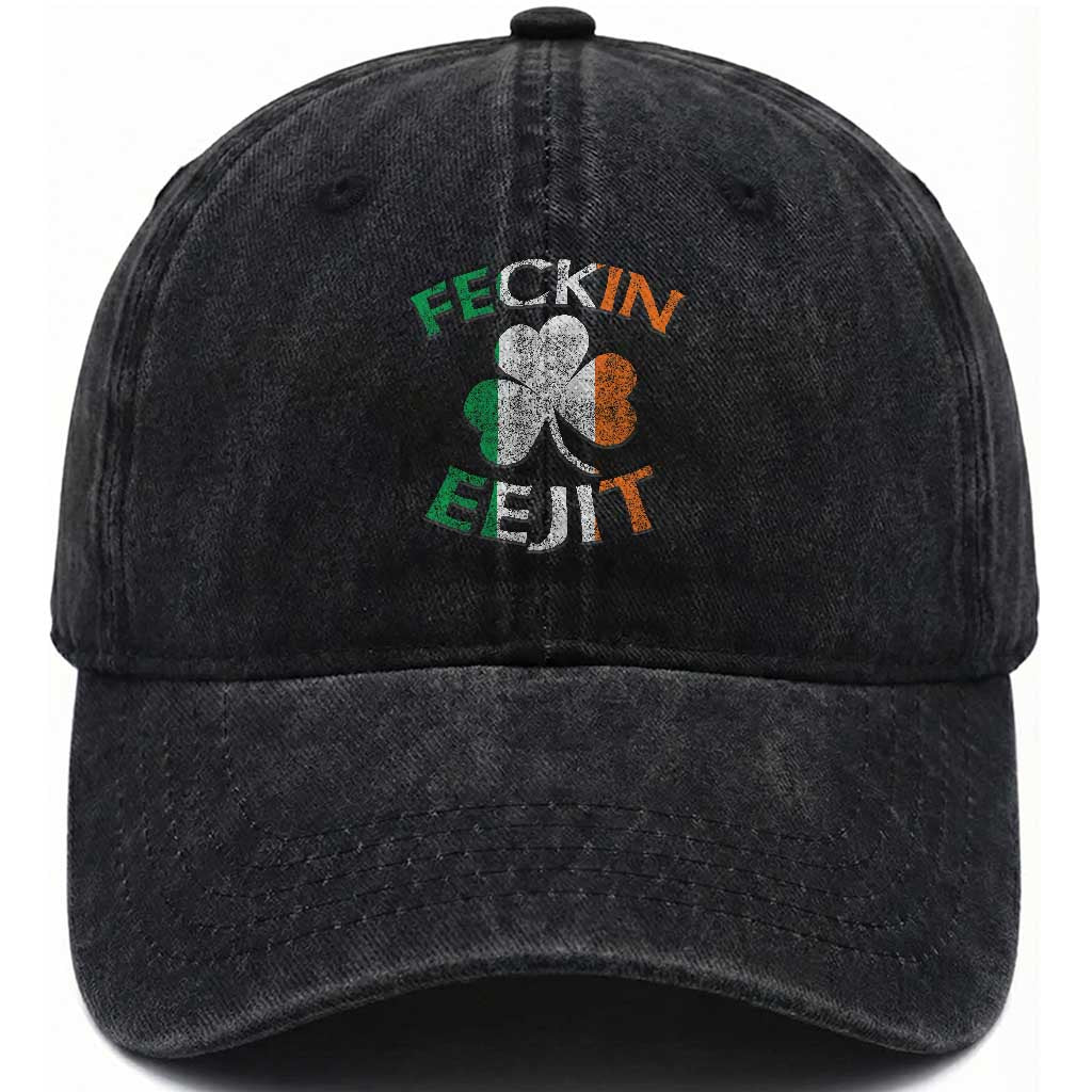 Funny Feckin Eejit Washed Cotton Baseball Cap Ireland Irish Slang Shamrock St Patrick's Day