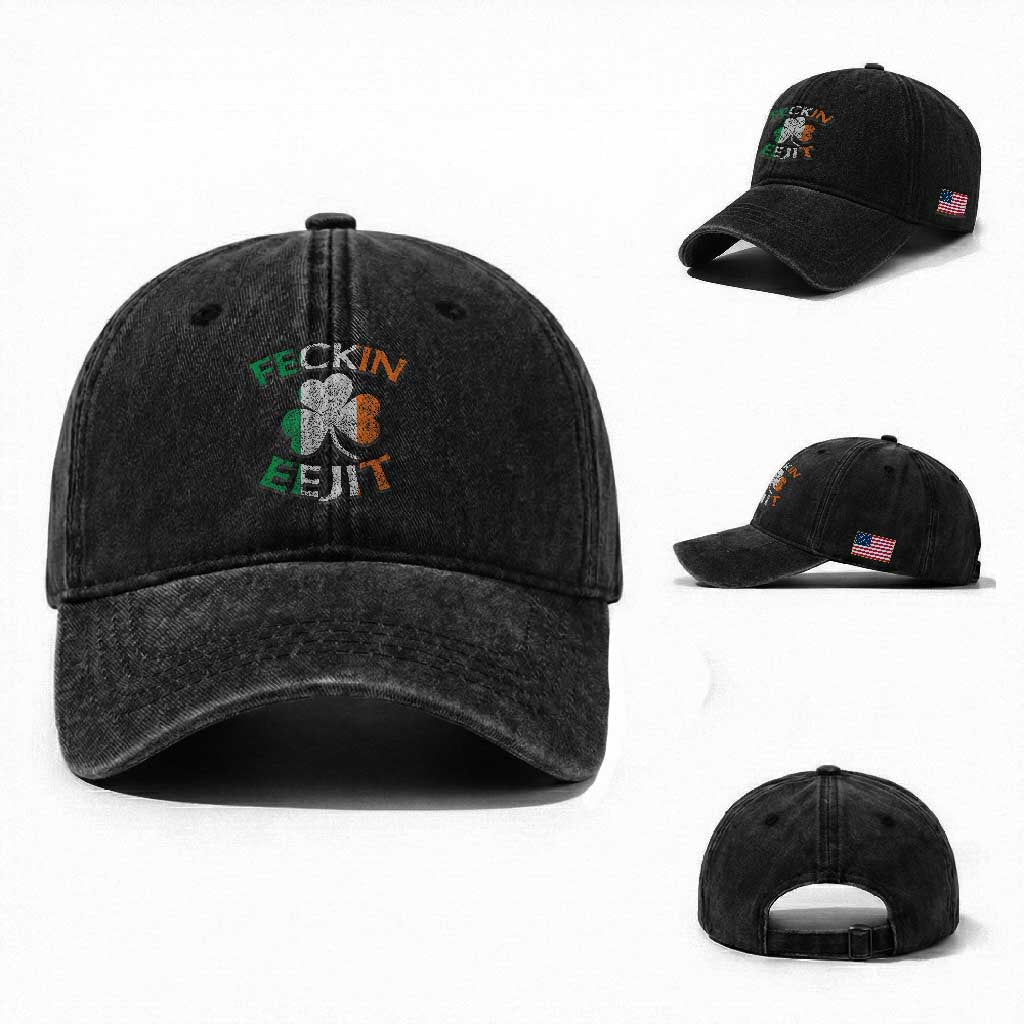 Funny Feckin Eejit Washed Cotton Baseball Cap Ireland Irish Slang Shamrock St Patrick's Day