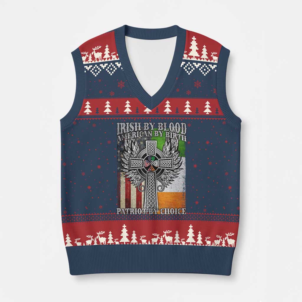 Irish Americans V-Neck Knit Sweater Vest Irish By Blood American By Birth Patriot By Choice Celtic Cross - Wonder Print Shop