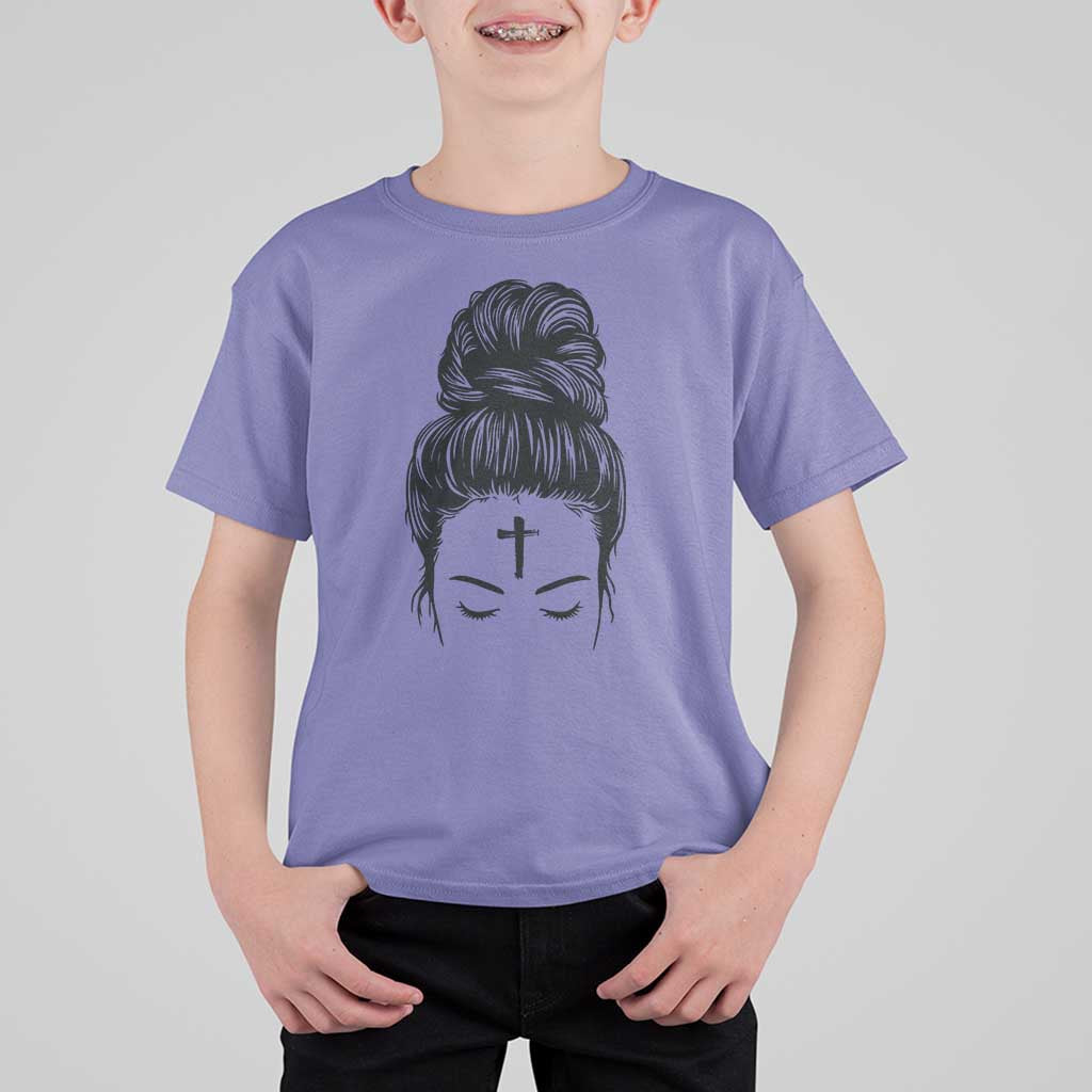 Ash Wednesday Messy Bun Ashes Cross Christian Religious T Shirt For Kid