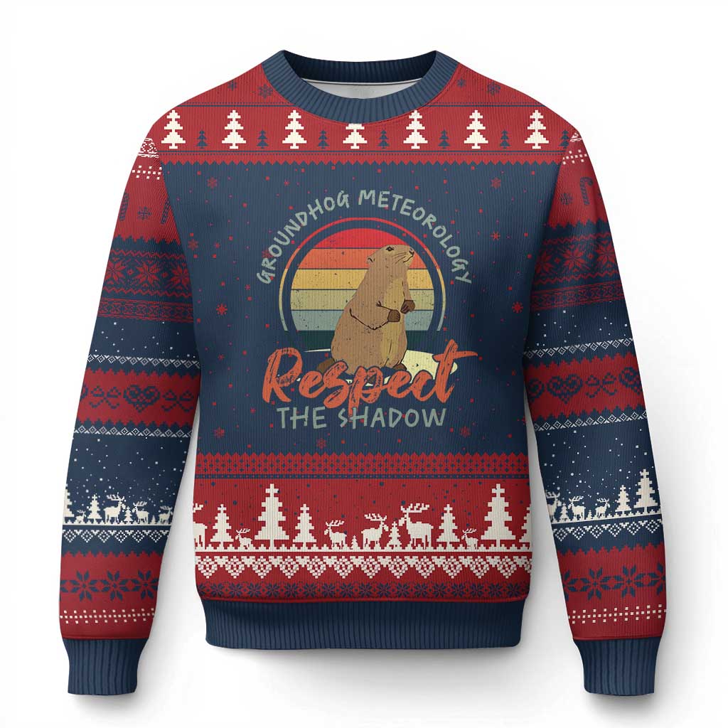 Funny Groundhog Day Ugly Christmas Sweater Groundhog Meteorology Respect The Shadow Vintage Retro - Wonder Print Shop