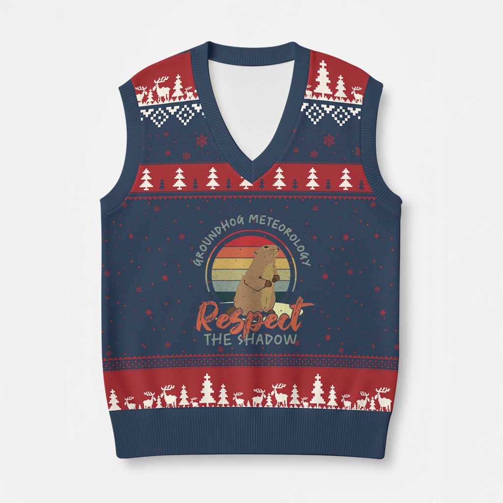 Funny Groundhog Day V-Neck Knit Sweater Vest Groundhog Meteorology Respect The Shadow Vintage Retro - Wonder Print Shop