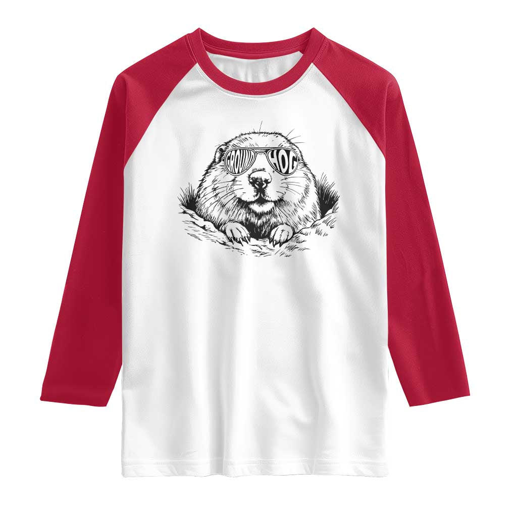 Funny Groundhog Face Woodchuck Sunglassess Raglan Shirt - Wonder Print Shop