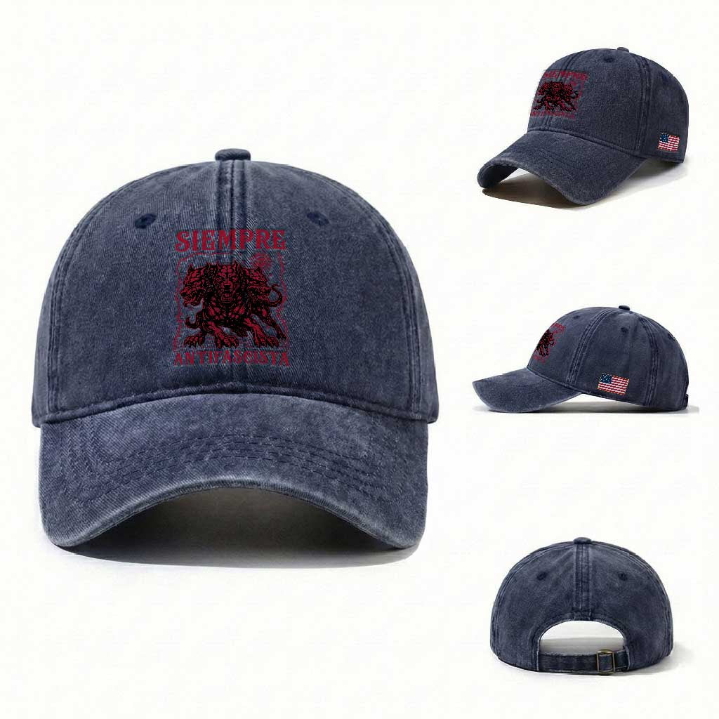 Siempre Antifascista Washed Cotton Baseball Cap Anti Fascism Protest Vintage Hydra Dog