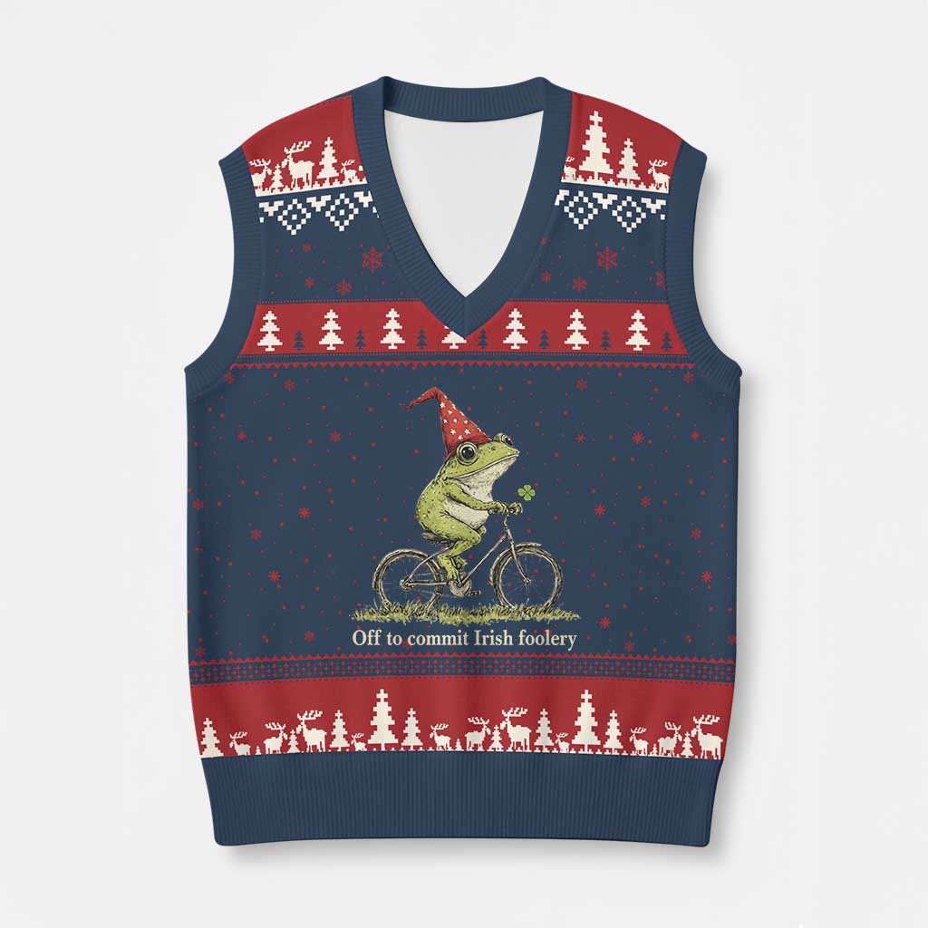 Funny Frog St Patricks Day V-Neck Knit Sweater Vest Off To Commit Irish Foolery Four Leaf Clover