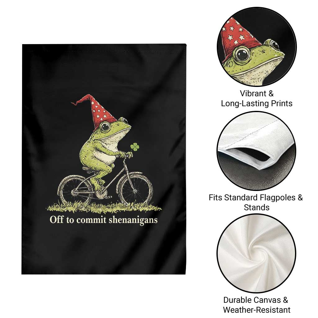 Funny Frog St Patricks Day Garden Flag Off To Commit Shenanigans Four Leaf Clover